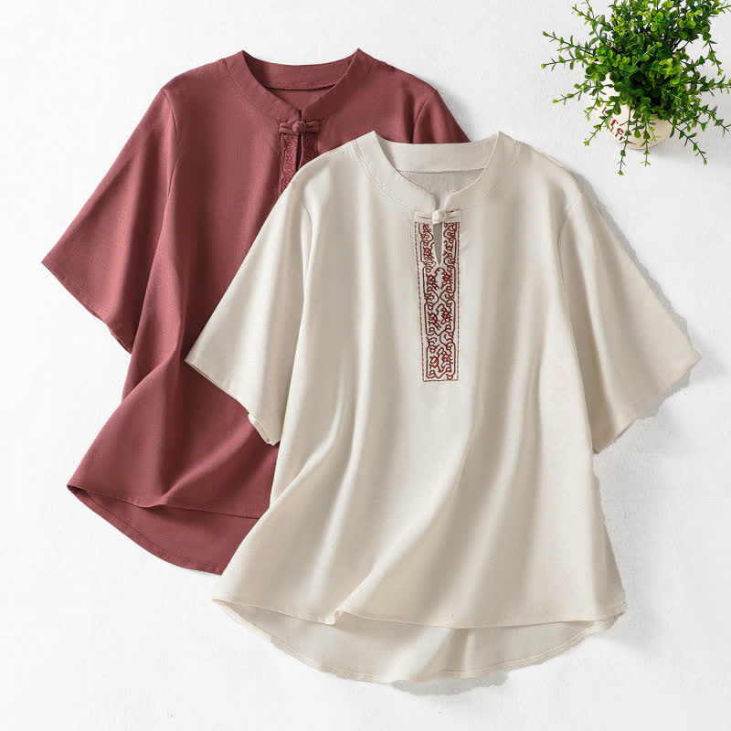 Buddha Stones Chemises à manches courtes pour femmes, style Tang, avec broderie grenouille et motifs de vigne, unies - image 16