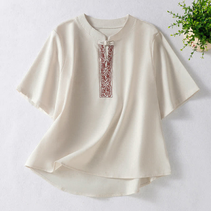 Buddha Stones Chemises à manches courtes pour femmes, style Tang, avec broderie grenouille et motifs de vigne, unies - Lin - US8-10, UK/AU12-14, EU40-42 (2XL) - image 0