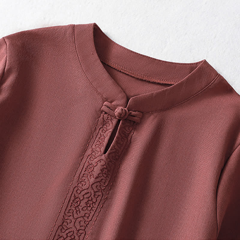 Buddha Stones Chemises à manches courtes pour femmes, style Tang, avec broderie grenouille et motifs de vigne, unies - image 11