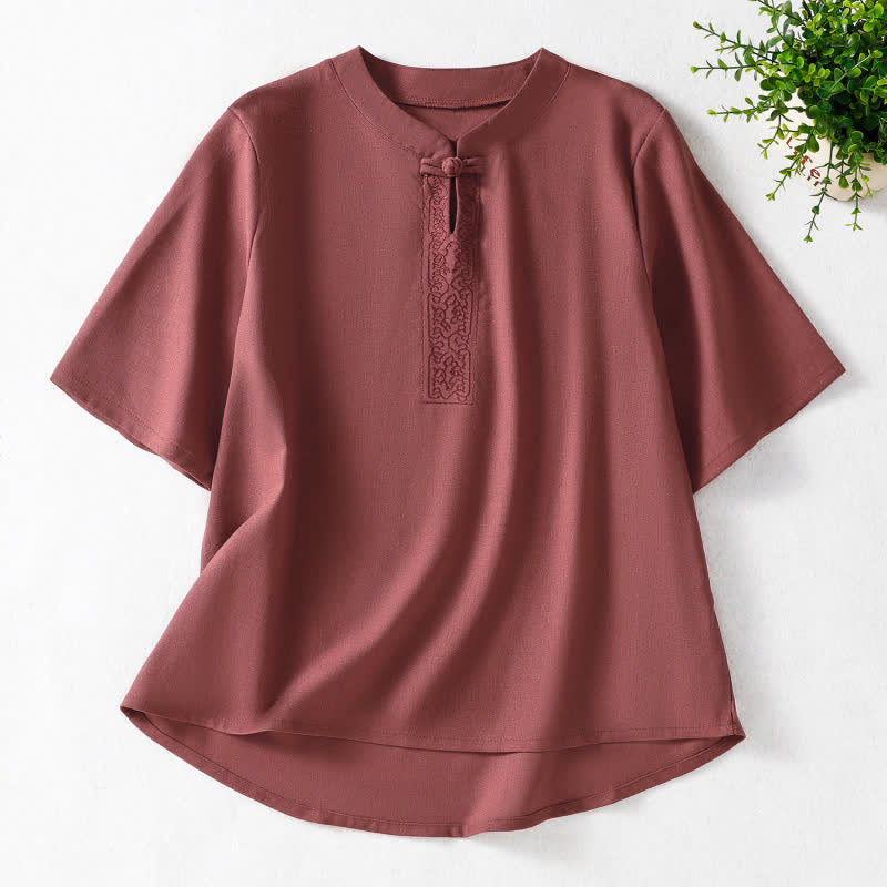 Buddha Stones Chemises à manches courtes pour femmes, style Tang, avec broderie grenouille et motifs de vigne, unies - Rouge indien - US8-10, UK/AU12-14, EU40-42 (2XL) - image 9