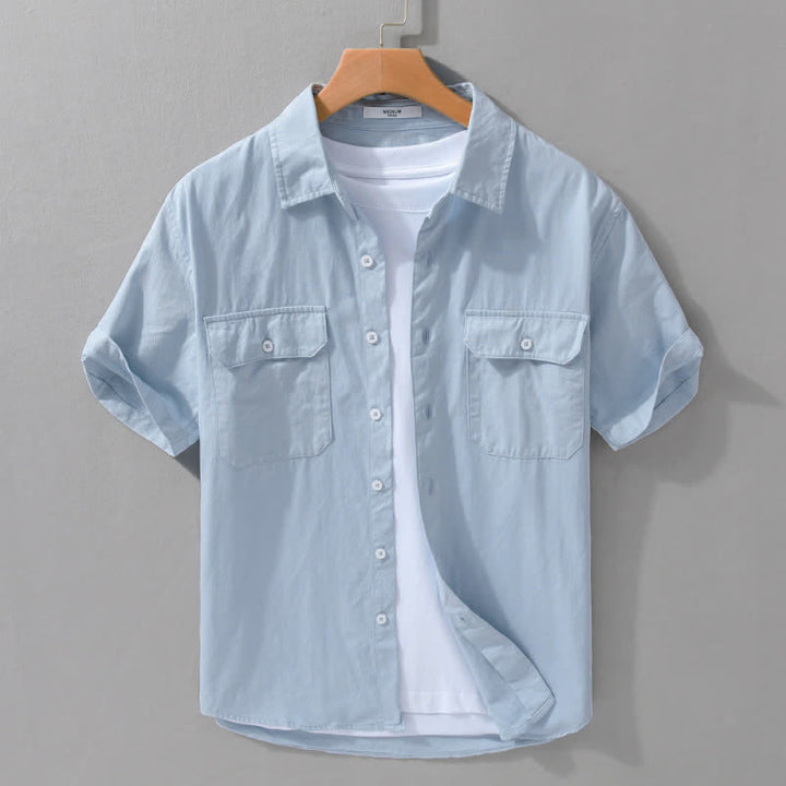 Buddha Stones Chemises d'été classiques décontractées à manches courtes pour hommes, en coton uni, avec poches plaquées - Bleu clair - US/UK/AU42, EU52 (3XL) - image 5