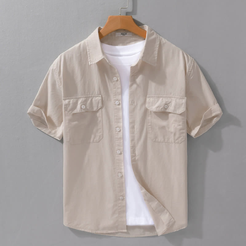 Buddha Stones Chemises d'été classiques décontractées à manches courtes pour hommes, en coton uni, avec poches plaquées - Beige - US/UK/AU42, EU52 (3XL) - image 14