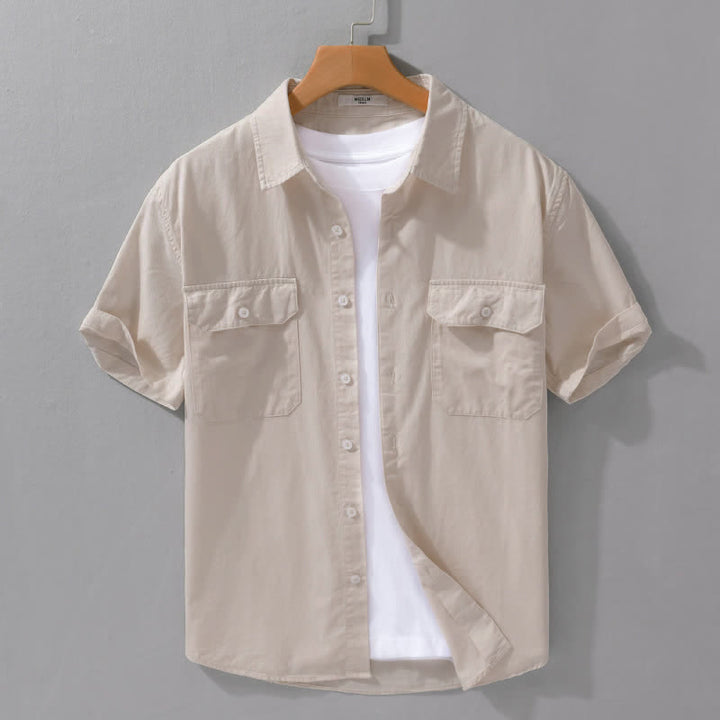 Buddha Stones Chemises d'été classiques décontractées à manches courtes pour hommes, en coton uni, avec poches plaquées - Beige - US/UK/AU42, EU52 (3XL) - image 14
