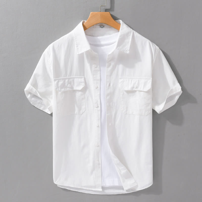Buddha Stones Chemises d'été classiques décontractées à manches courtes pour hommes, en coton uni, avec poches plaquées - Blanc - US/UK/AU42, EU52 (3XL) - image 15