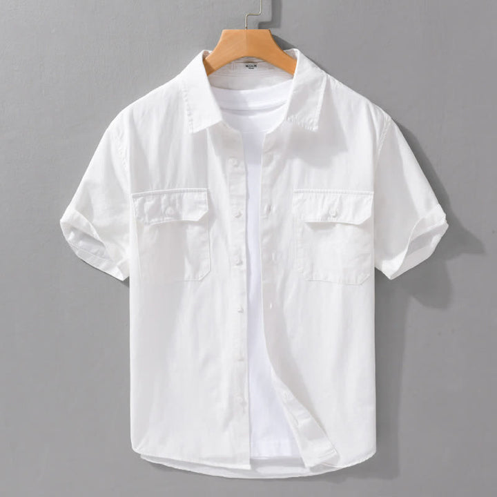 Buddha Stones Chemises d'été classiques décontractées à manches courtes pour hommes, en coton uni, avec poches plaquées - Blanc - US/UK/AU42, EU52 (3XL) - image 15