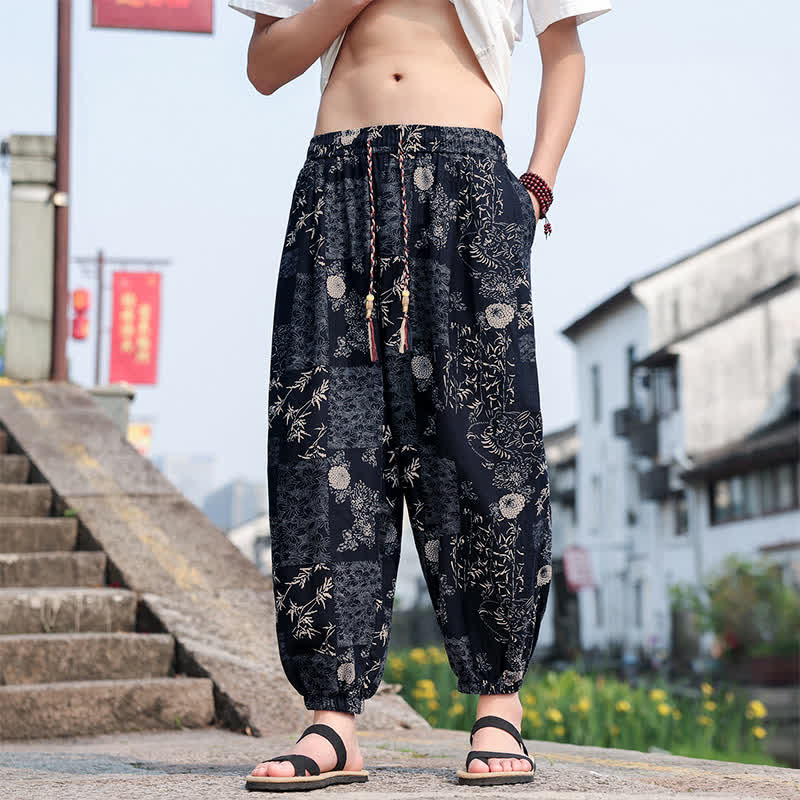 Buddha Stones Pantalon court d'été bohème décontracté à cordon de serrage, imprimé éléphant et arbre, style sarouel, avec poches - image 15