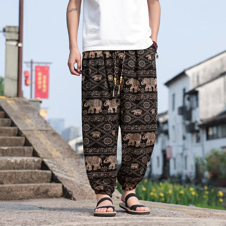 Buddha Stones Pantalon court d'été bohème décontracté à cordon de serrage, imprimé éléphant et arbre, style sarouel, avec poches - SaddleBrown - US/UK/AU46, EU56 (5XL) - image 0