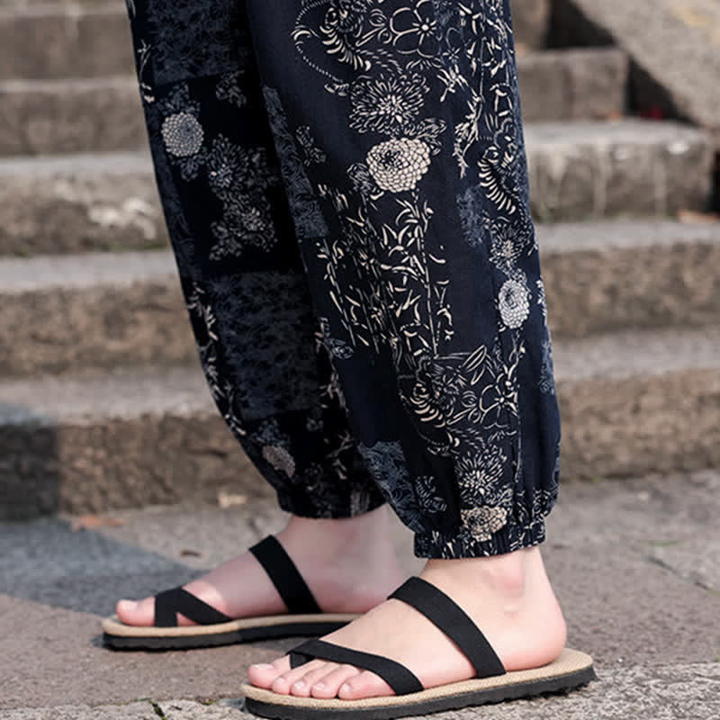 Buddha Stones Pantalon court d'été bohème décontracté à cordon de serrage, imprimé éléphant et arbre, style sarouel, avec poches - image 19