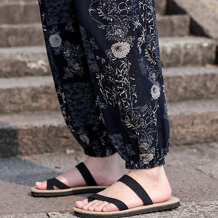 Buddha Stones Pantalon court d'été bohème décontracté à cordon de serrage, imprimé éléphant et arbre, style sarouel, avec poches - image 19