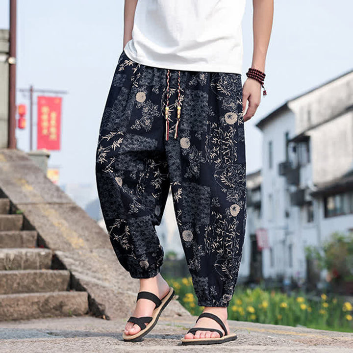 Buddha Stones Pantalon court d'été bohème décontracté à cordon de serrage, imprimé éléphant et arbre, style sarouel, avec poches - image 13