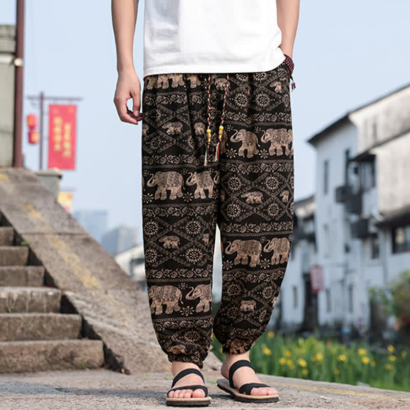 Buddha Stones Pantalon court d'été bohème décontracté à cordon de serrage, imprimé éléphant et arbre, style sarouel, avec poches - image 1