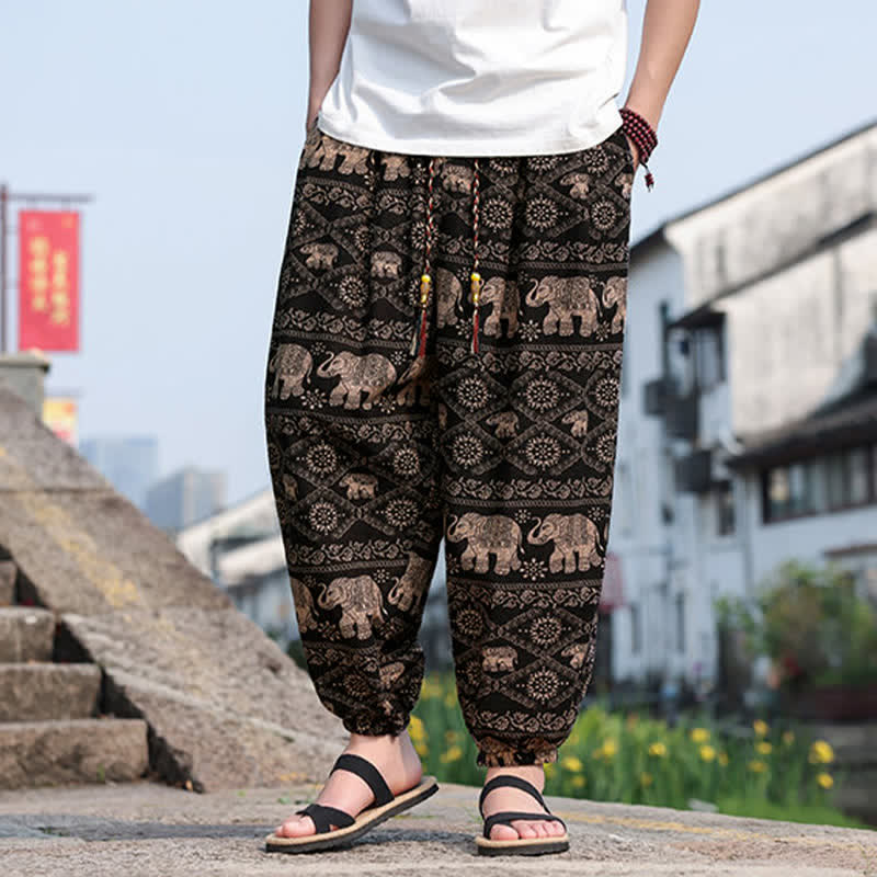 Buddha Stones Pantalon court d'été bohème décontracté à cordon de serrage, imprimé éléphant et arbre, style sarouel, avec poches - image 5