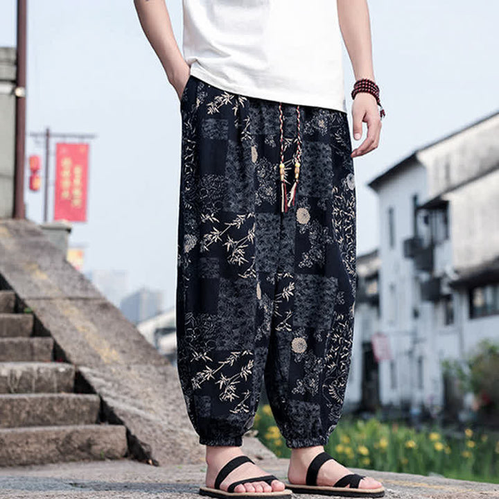Buddha Stones Pantalon court d'été bohème décontracté à cordon de serrage, imprimé éléphant et arbre, style sarouel, avec poches - image 8
