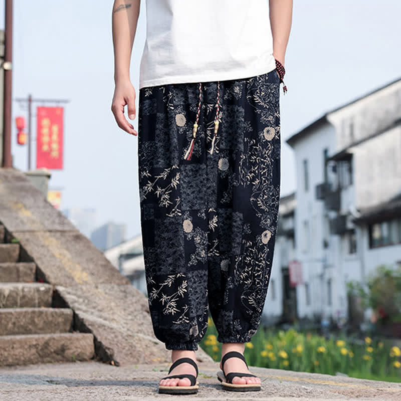 Buddha Stones Pantalon court d'été bohème décontracté à cordon de serrage, imprimé éléphant et arbre, style sarouel, avec poches - Marine - US/UK/AU46, EU56 (5XL) - image 7