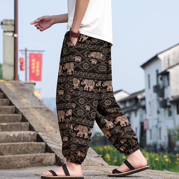 Buddha Stones Pantalon court d'été bohème décontracté à cordon de serrage, imprimé éléphant et arbre, style sarouel, avec poches - image 4