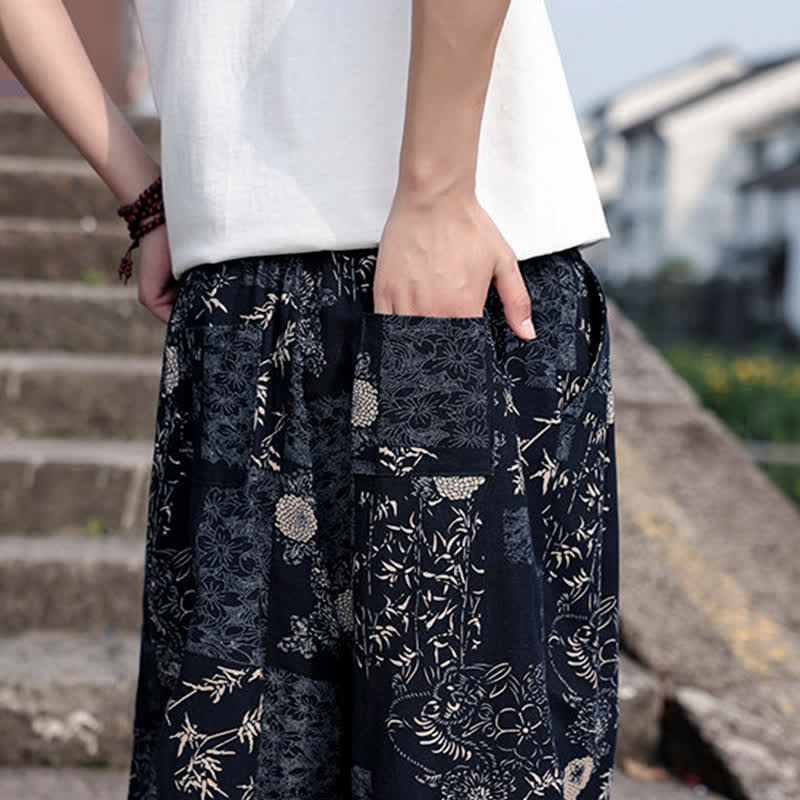Buddha Stones Pantalon court d'été bohème décontracté à cordon de serrage, imprimé éléphant et arbre, style sarouel, avec poches - image 18