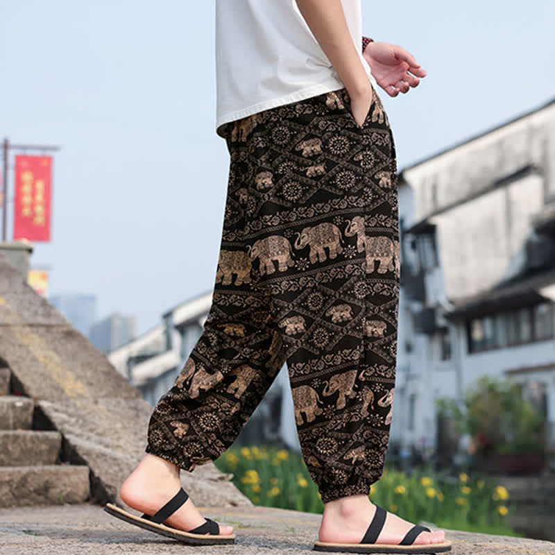 Buddha Stones Pantalon court d'été bohème décontracté à cordon de serrage, imprimé éléphant et arbre, style sarouel, avec poches - image 3