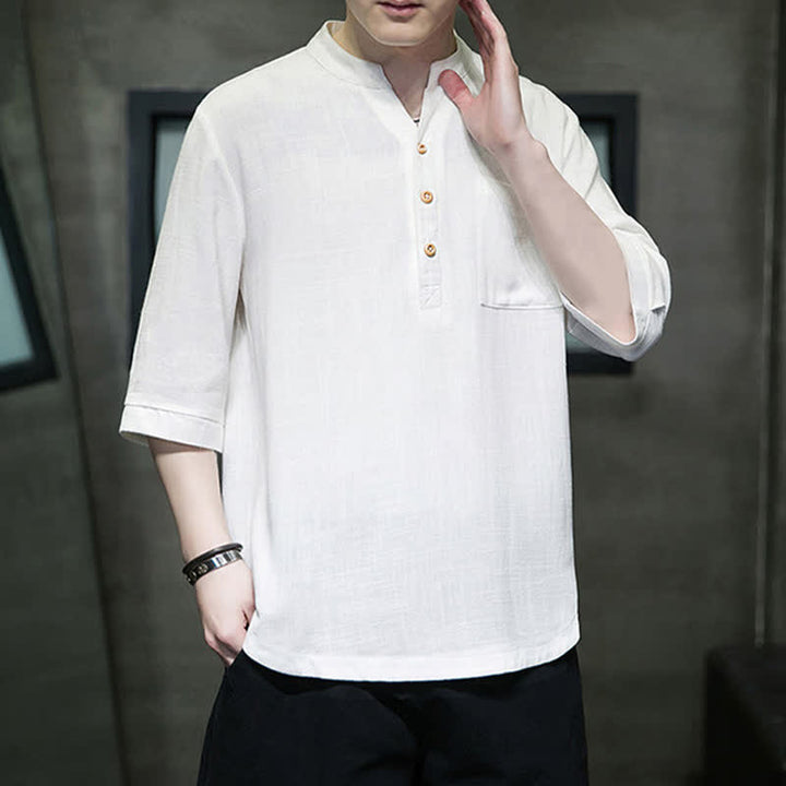Buddha Stones Chemises d'été décontractées pour hommes, col mandarin, manches courtes, couleur unie, avec poche plaquée - Blanc - US/UK/AU46, EU56 (5XL) - image 0