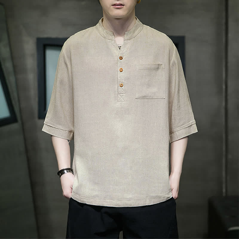 Buddha Stones Chemises d'été décontractées pour hommes, col mandarin, manches courtes, couleur unie, avec poche plaquée - Burlywood - US/UK/AU46, EU56 (5XL) - image 12