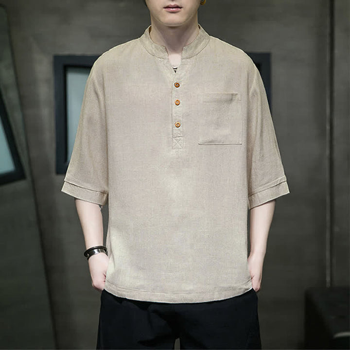 Buddha Stones Chemises d'été décontractées pour hommes, col mandarin, manches courtes, couleur unie, avec poche plaquée - Burlywood - US/UK/AU46, EU56 (5XL) - image 12