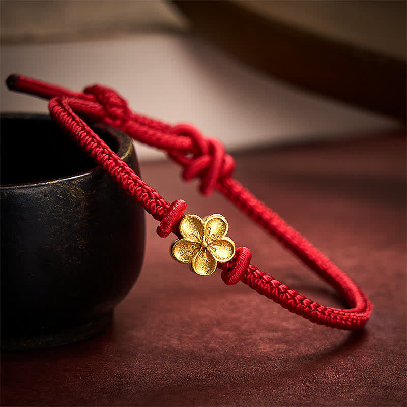 Buddha Stones Bracelet porte-bonheur tressé en cordon rouge tissé à la main avec petits motifs de fleurs de pêcher - Rouge foncé (Tour de poignet 15-19 cm) - image 0