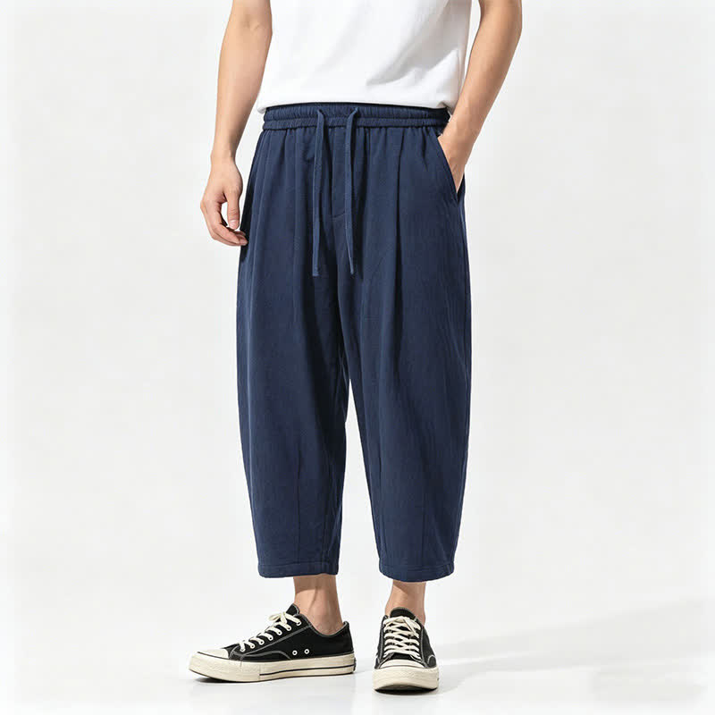 Buddha Stones Pantalon Capri décontracté d'été en coton uni avec cordon de serrage et poches, style sarouel pour homme - Marine - US/UK/AU46，EU56 (5XL) - image 2