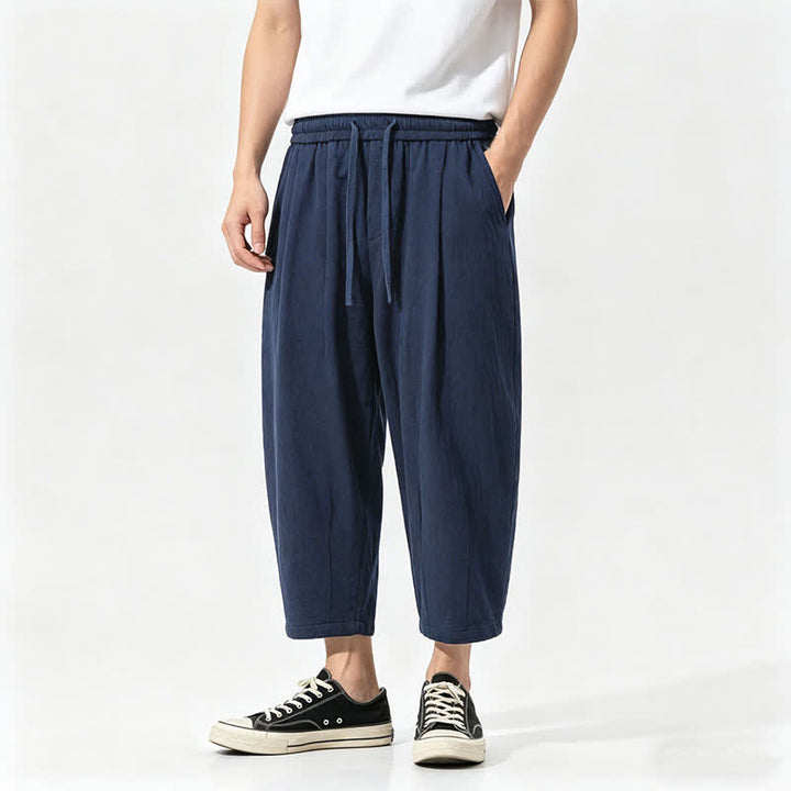 Buddha Stones Pantalon Capri décontracté d'été en coton uni avec cordon de serrage et poches, style sarouel pour homme - Marine - US/UK/AU46，EU56 (5XL) - image 2