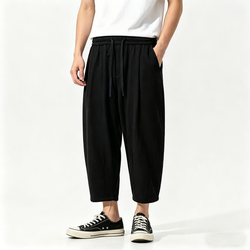 Buddha Stones Pantalon Capri décontracté d'été en coton uni avec cordon de serrage et poches, style sarouel pour homme - Noir - US/UK/AU46，EU56 (5XL) - image 1