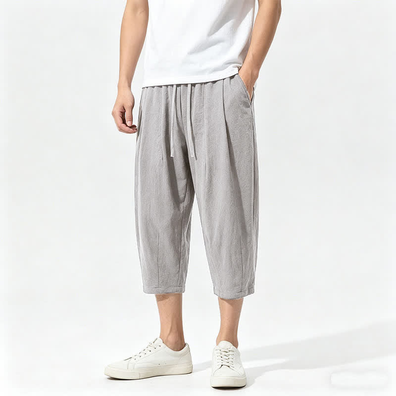 Buddha Stones Pantalon Capri décontracté d'été en coton uni avec cordon de serrage et poches, style sarouel pour homme - Argent - US/UK/AU46，EU56 (5XL) - image 0