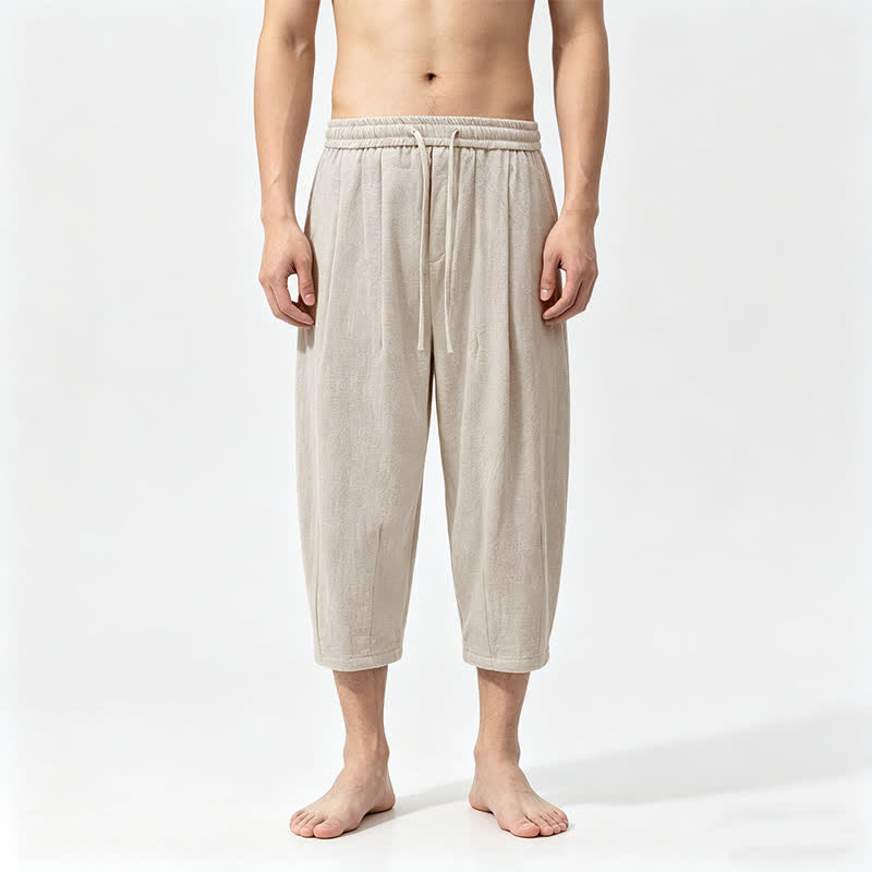 Buddha Stones Pantalon Capri décontracté d'été en coton uni avec cordon de serrage et poches, style sarouel pour homme - Beige - US/UK/AU46，EU56 (5XL) - image 3
