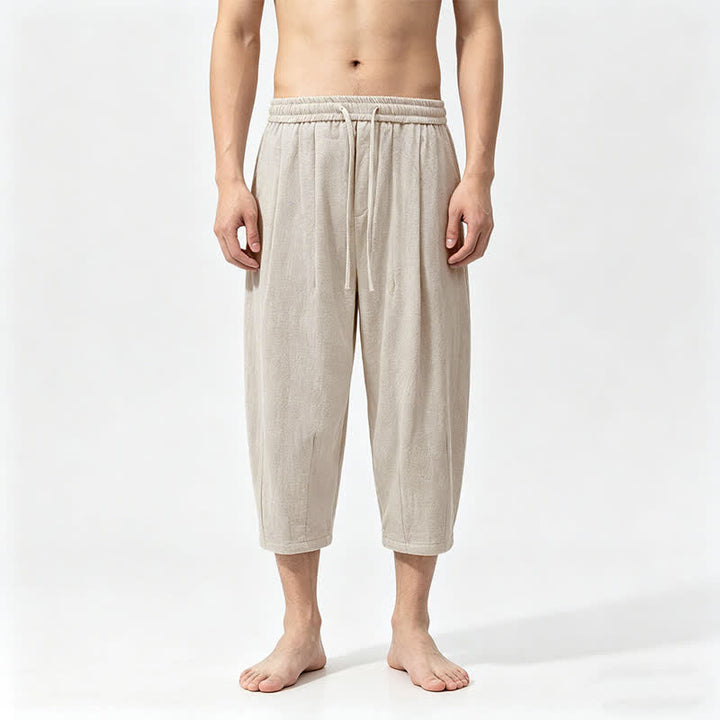 Buddha Stones Pantalon Capri décontracté d'été en coton uni avec cordon de serrage et poches, style sarouel pour homme - Beige - US/UK/AU46，EU56 (5XL) - image 3