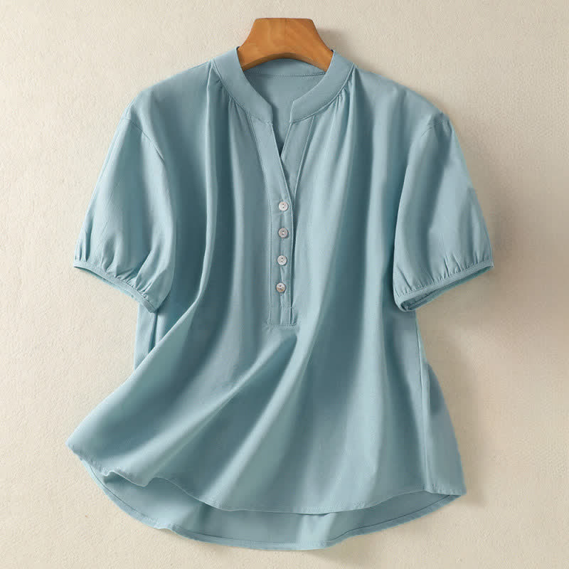 Buddha Stones Chemises à manches courtes boutonnées unies pour femmes, style minimaliste décontracté d'été - Bleu clair - US12, UK/AU16, EU44 (2XL) - image 7