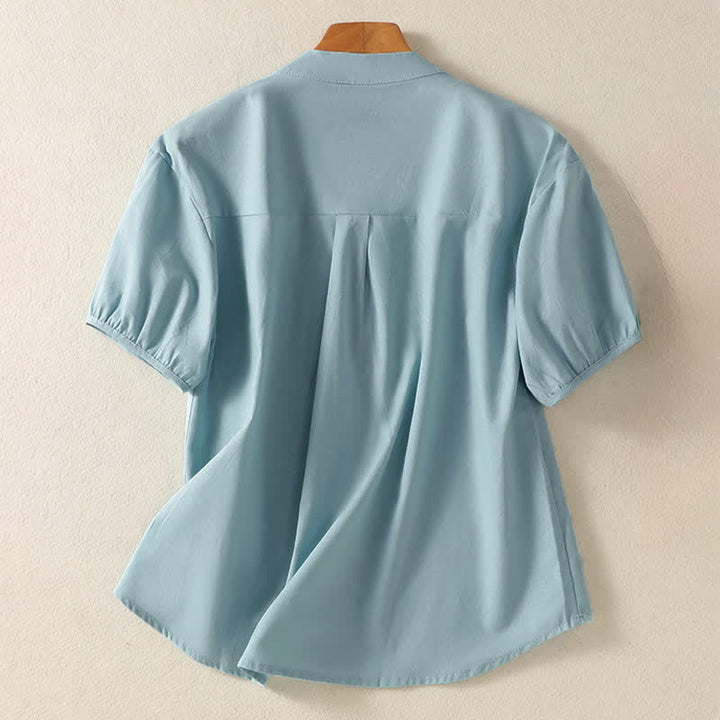 Buddha Stones Chemises à manches courtes boutonnées unies pour femmes, style minimaliste décontracté d'été - image 8
