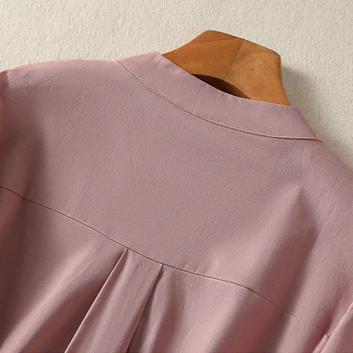 Buddha Stones Chemises à manches courtes boutonnées unies pour femmes, style minimaliste décontracté d'été - image 3