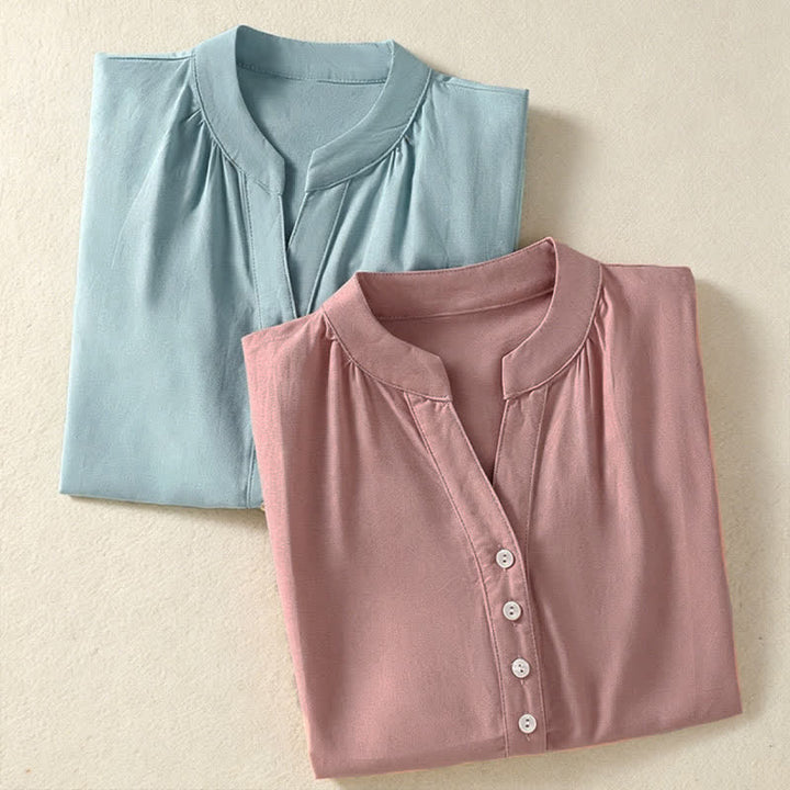 Buddha Stones Chemises à manches courtes boutonnées unies pour femmes, style minimaliste décontracté d'été - image 16