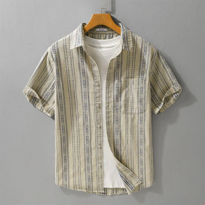 Buddha Stones Chemises rayées classiques décontractées d'été à manches courtes pour hommes, avec poche plaquée - Tanné - US/UK/AU42, EU52 (3XL) - image 7
