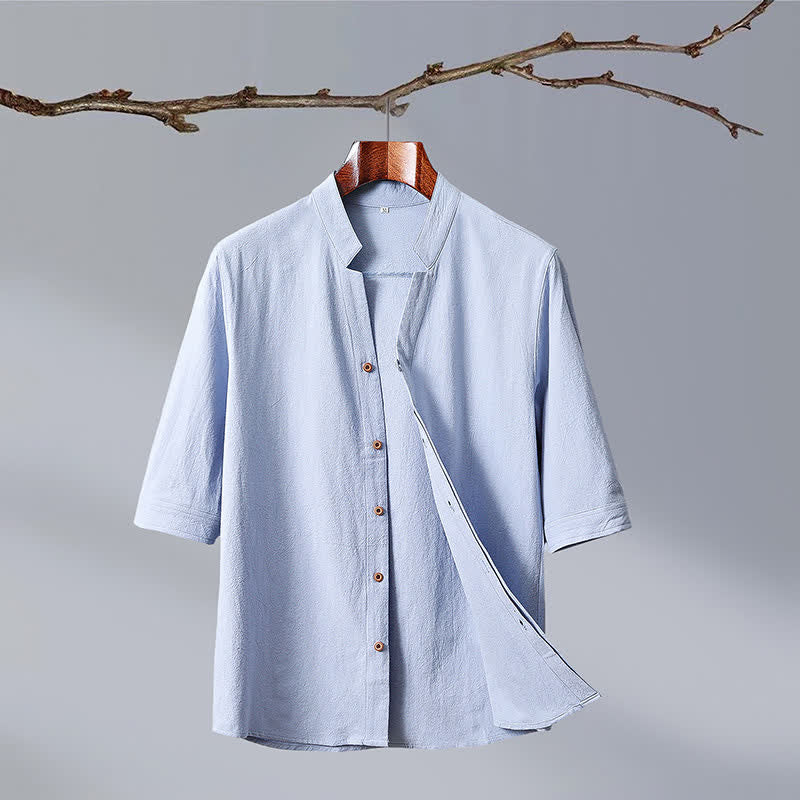 Buddha Stones Chemises d'été pour hommes, style Tang, col mandarin, boutonnées, en coton uni, manches courtes. - Bleu poudré - US/UK/AU50, EU60 (7XL) - image 3