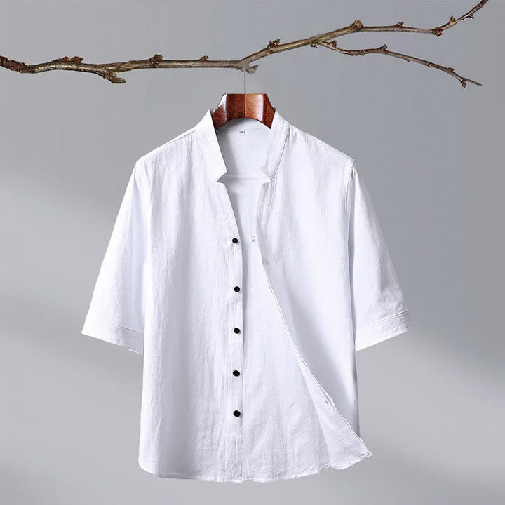 Buddha Stones Chemises d'été pour hommes, style Tang, col mandarin, boutonnées, en coton uni, manches courtes. - Blanc - US/UK/AU50, EU60 (7XL) - image 14