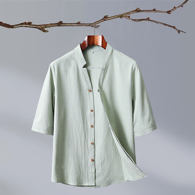 Buddha Stones Chemises d'été pour hommes, style Tang, col mandarin, boutonnées, en coton uni, manches courtes. - Melon miellat - US/UK/AU50, EU60 (7XL) - image 2