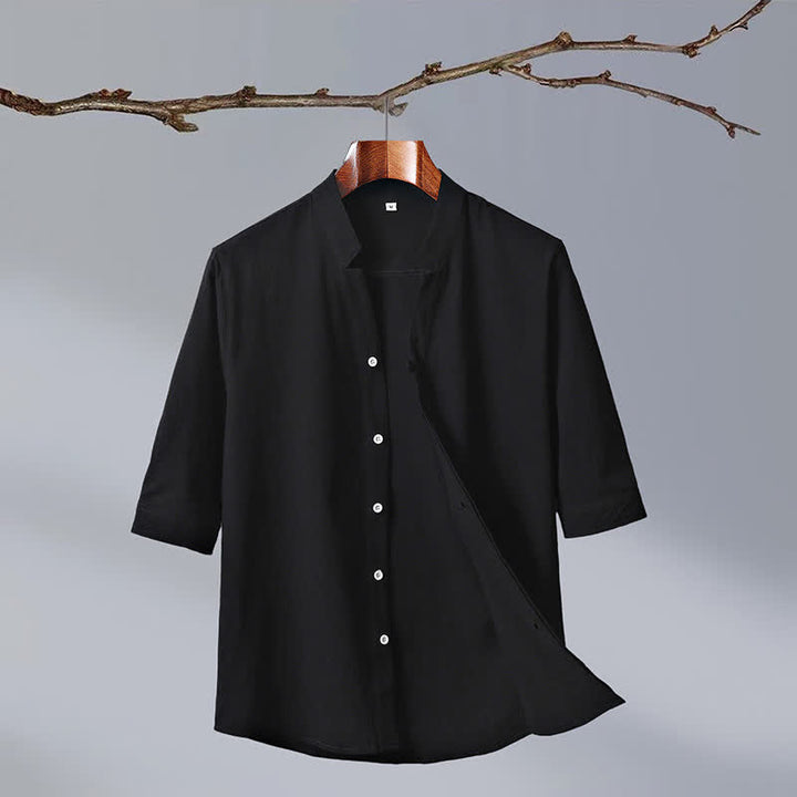 Buddha Stones Chemises d'été pour hommes, style Tang, col mandarin, boutonnées, en coton uni, manches courtes. - Noir - US/UK/AU50, EU60 (7XL) - image 1