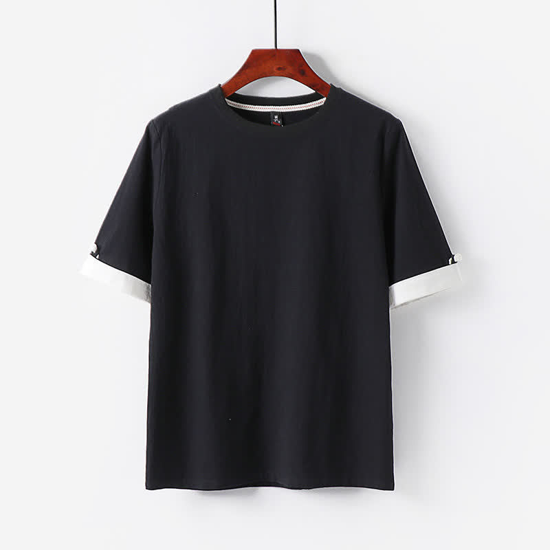 Buddha Stones T-shirts d'été minimalistes décontractés à manches courtes en coton uni et col rond pour hommes - Noir - US/UK/AU48, EU58 (6XL) - image 1