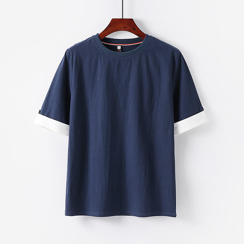 Buddha Stones T-shirts d'été minimalistes décontractés à manches courtes en coton uni et col rond pour hommes - Bleu nuit - US/UK/AU48, EU58 (6XL) - image 0