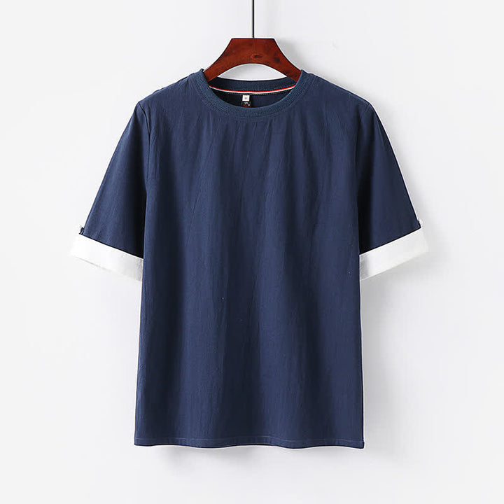 Buddha Stones T-shirts d'été minimalistes décontractés à manches courtes en coton uni et col rond pour hommes - Bleu nuit - US/UK/AU48, EU58 (6XL) - image 0