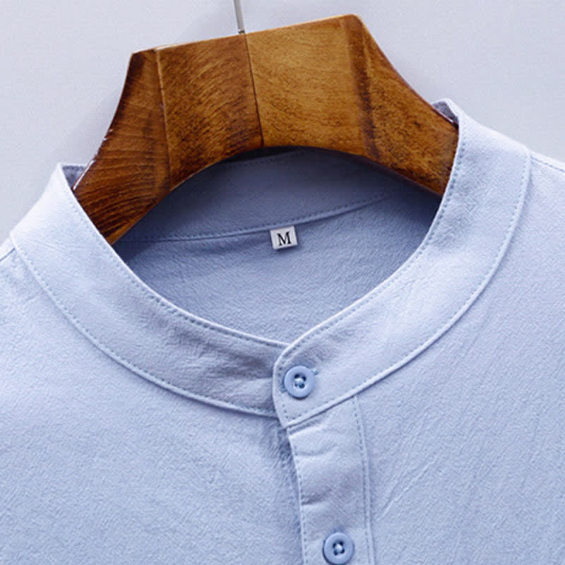 Buddha Stones Chemise d'été décontractée à col mandarin pour homme, en coton uni, manches courtes et poches plaquées. - image 5