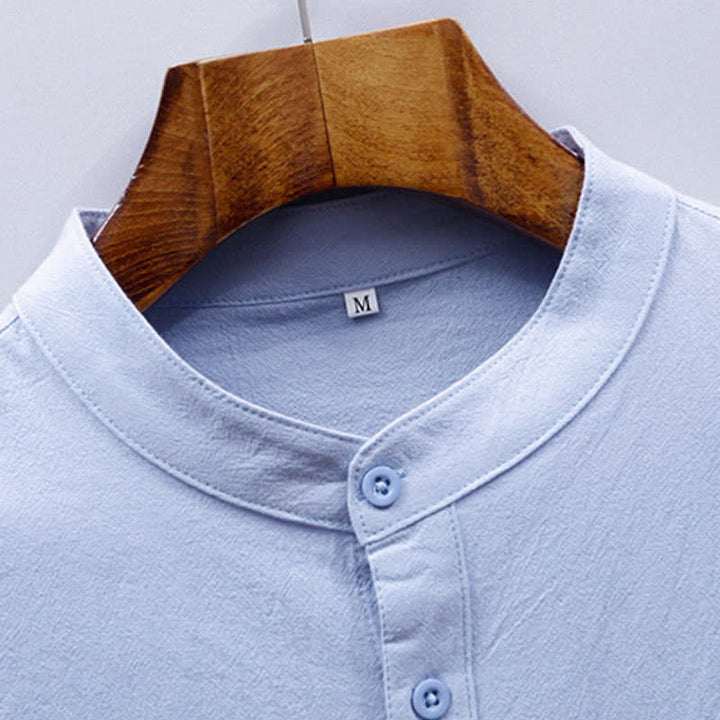 Buddha Stones Chemise d'été décontractée à col mandarin pour homme, en coton uni, manches courtes et poches plaquées. - image 5