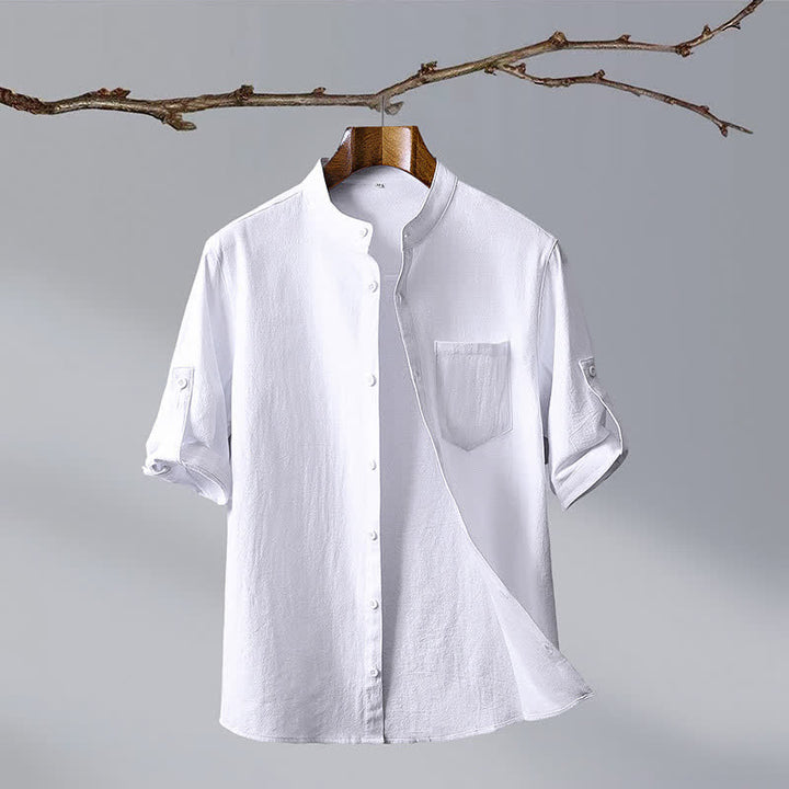 Buddha Stones Chemise d'été décontractée à col mandarin pour homme, en coton uni, manches courtes et poches plaquées. - Blanc - US/UK/AU46, EU56 (5XL) - image 12