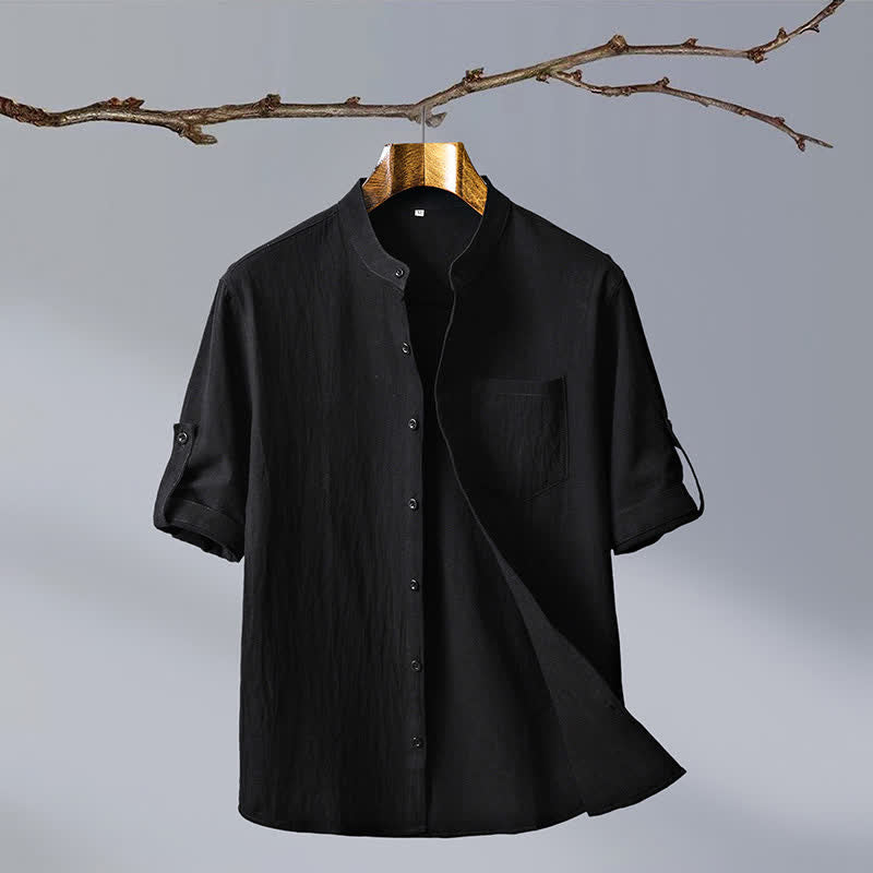 Buddha Stones Chemise d'été décontractée à col mandarin pour homme, en coton uni, manches courtes et poches plaquées. - Noir - US/UK/AU46, EU56 (5XL) - image 11