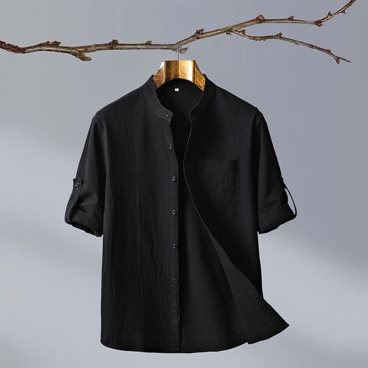 Buddha Stones Chemise d'été décontractée à col mandarin pour homme, en coton uni, manches courtes et poches plaquées. - Noir - US/UK/AU46, EU56 (5XL) - image 11