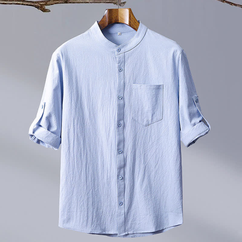 Buddha Stones Chemise d'été décontractée à col mandarin pour homme, en coton uni, manches courtes et poches plaquées. - image 2