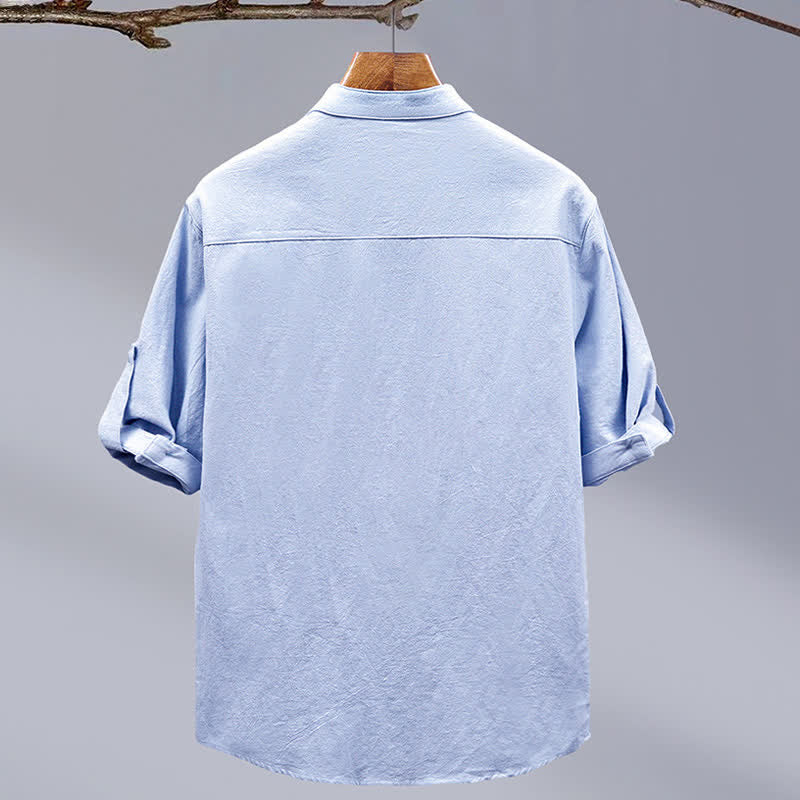 Buddha Stones Chemise d'été décontractée à col mandarin pour homme, en coton uni, manches courtes et poches plaquées. - image 3